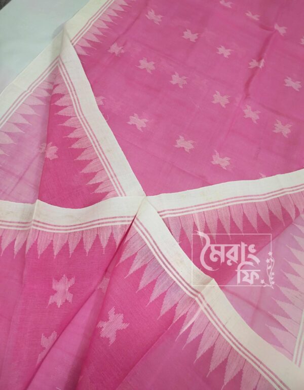 baby pink monipuri saree. along with white border. with multi color sheuli thread design.