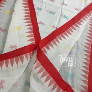 white monipuri saree. along with red border. with multi color sheuli thread design.