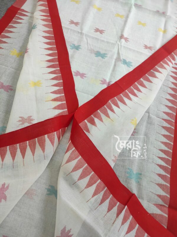 white monipuri saree. along with red border. with multi color sheuli thread design.