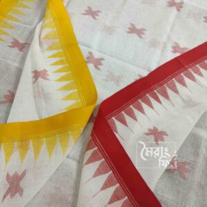 white monipuri saree. along with red& yellow border. with red sheuli thread design.