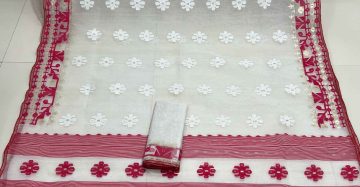 Red & white halfsilk jamdani